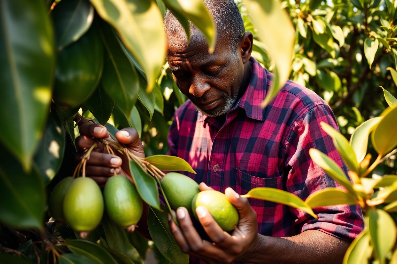 Kenyan farmer inspecting Hass avocado fruit in the orchard