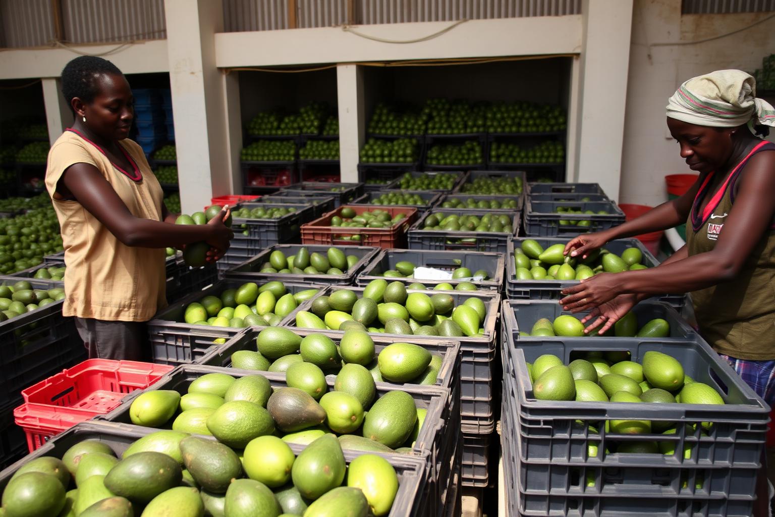 Harvested Hass avocados being graded and packed in a Kenyan packhouse